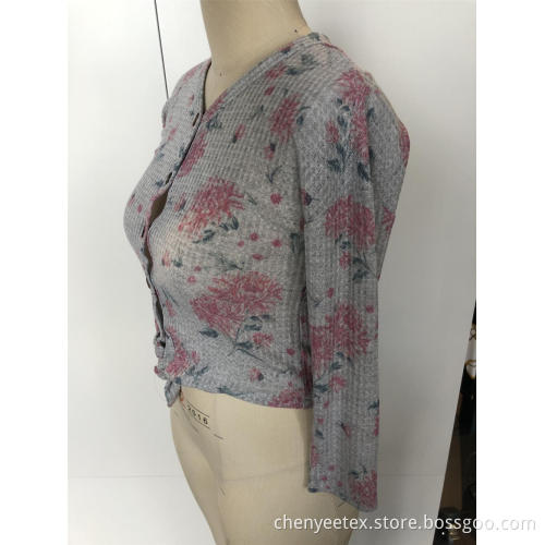 V-neck floral condole belt knit sweater